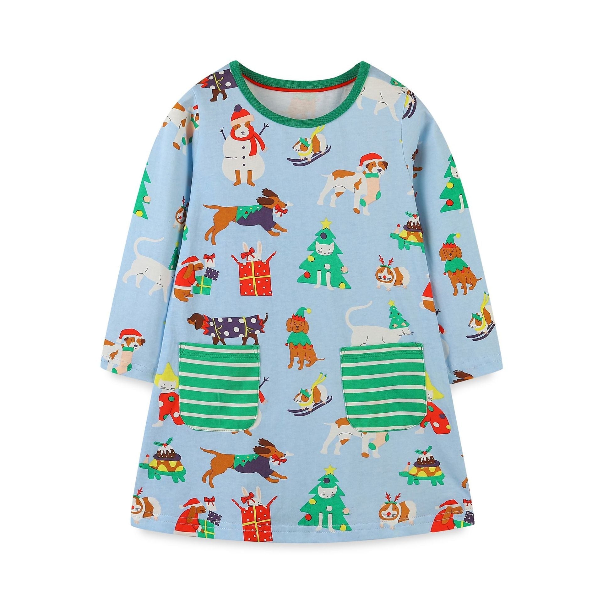 Cozy Long Sleeve Knit Dress: Cotton Patchwork With Pocket For Girls – Cartoon Round Neck Princess Dress-0