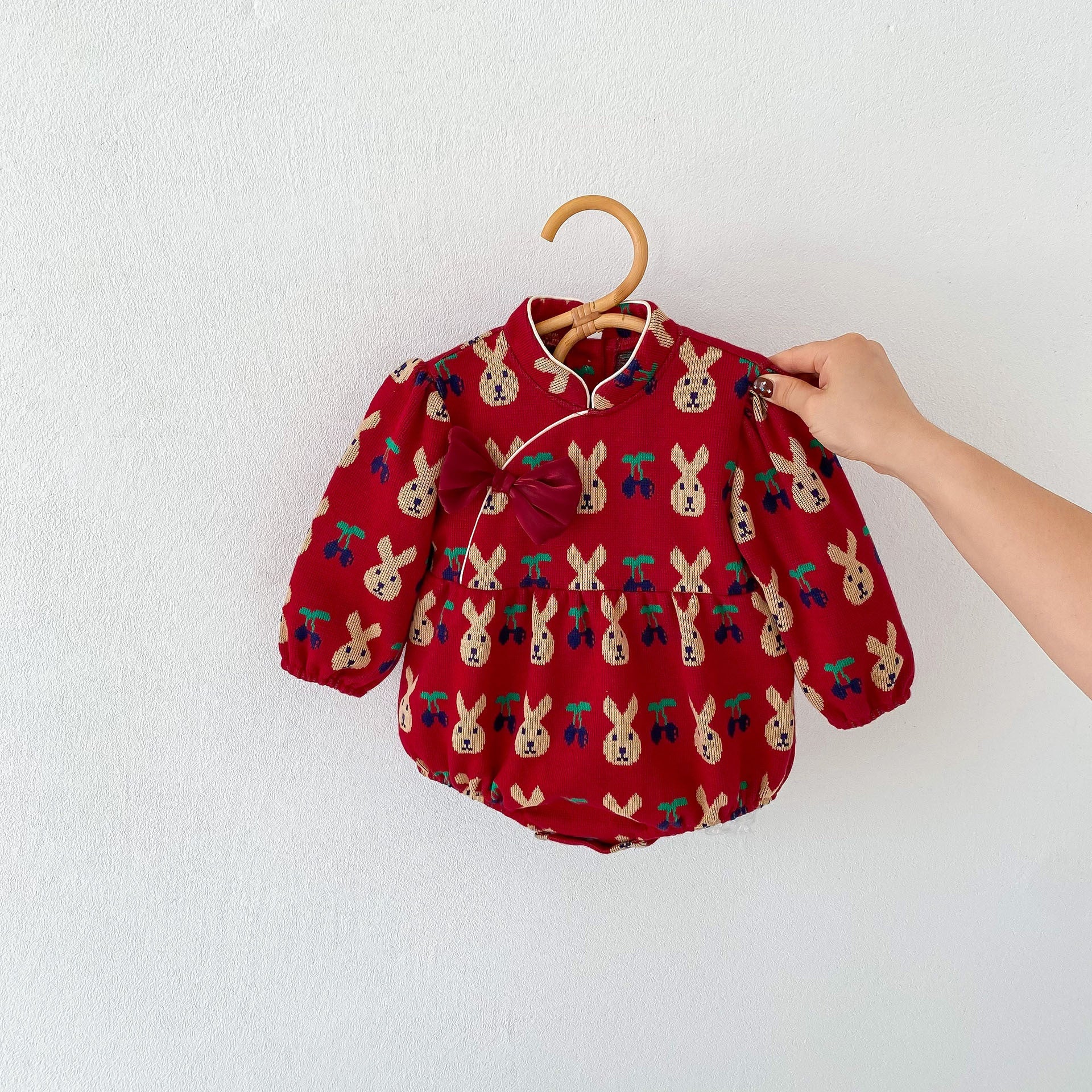 Infant Baby Girls Rabbit&Cherry Around Long Sleeve One Piece-7