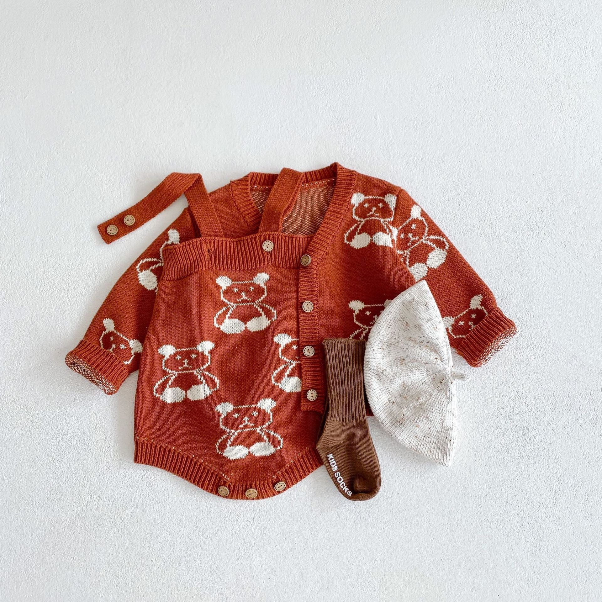 Baby Girl Cartoon Bear Embroidered Graphic Knitted Sleeveless Bodysuit & Cardigan 1-Pieces Sets-0