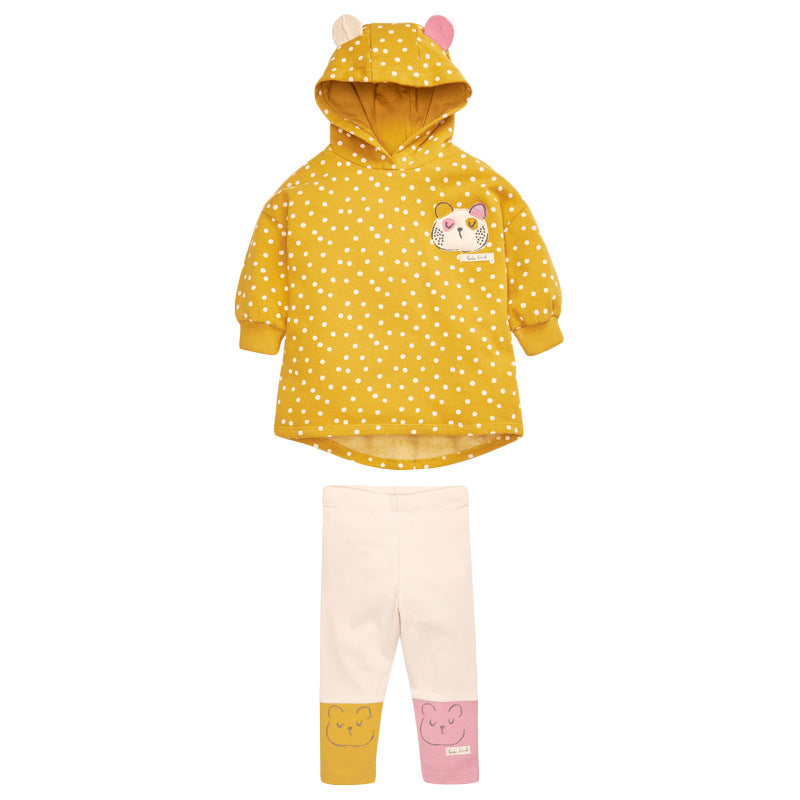 Baby Girl Car Patched & Dot Graphic Long Hoodie Combo Leggings 2 Pieces Sets-0