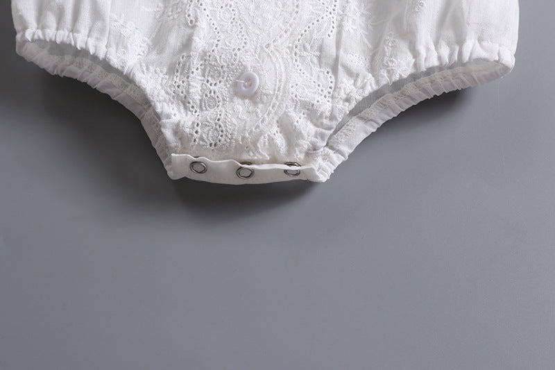 Baby Girl Embroidery Pattern Round Neck Mullet Design Sleeveless Cardigan Onesies With Bow Decorations-7