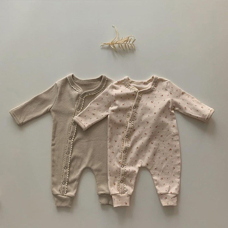 Baby Flower Pattern & Solid Color Lace Design Button Front Jumpsuit-0