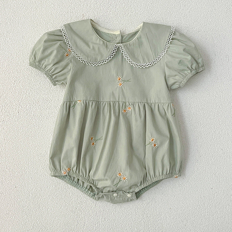 Summer Girls Simple Floral Embroidery Lace Trim Collar Short Sleeves Onesies And Girls’ Dress – Princess Sister Matching Set-7