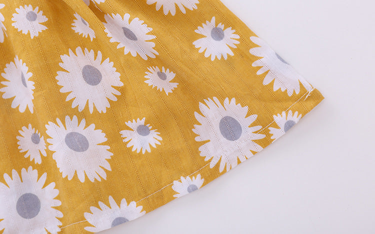 Baby Girl Little Daisy Print Pattern False Two-Piece Patchwork Design Round Collar Short-Sleeved Dress-8