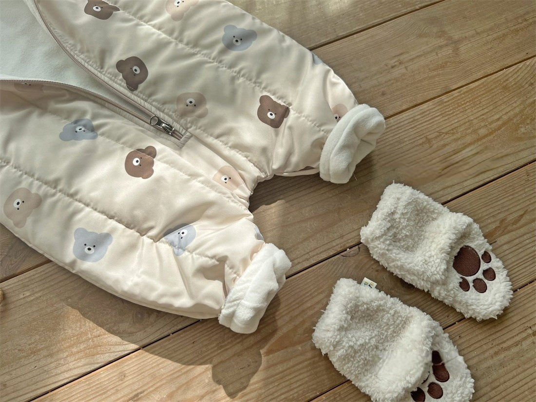 Baby Bear Print Pattern Quilted Warm Coat & Jumpsuit-8