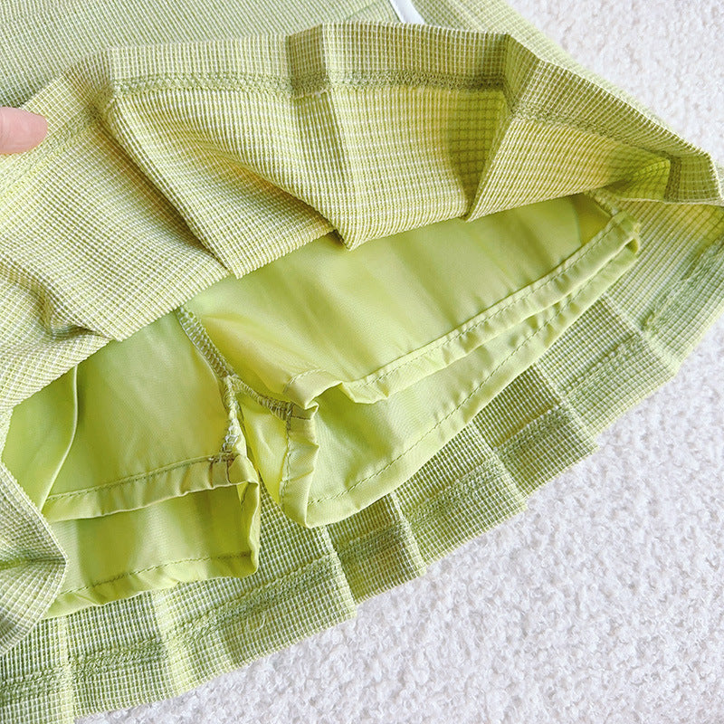 Girls Solid Green Ruffle Lace Neck Pockets Cardigan&Skirt Casual Sets-8