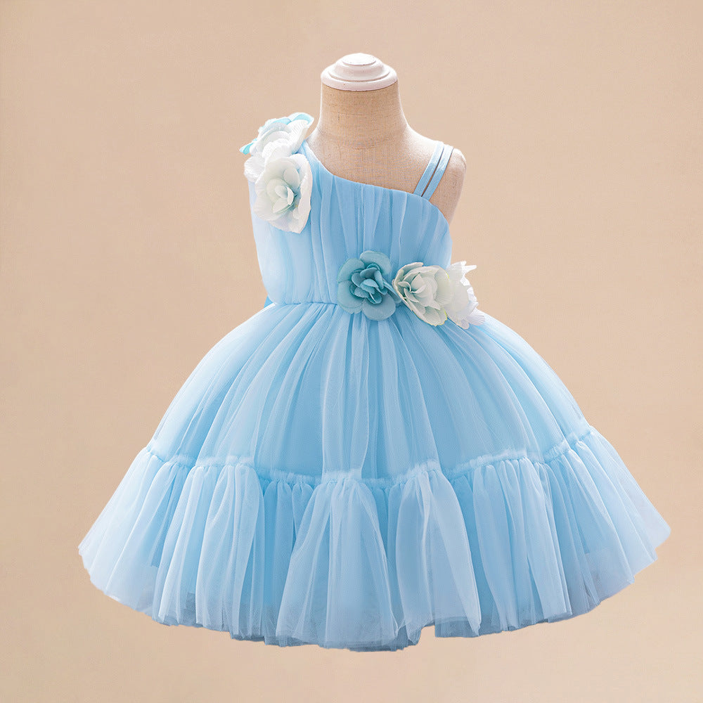 Summer Baby Kids Girls Princess Sleeveless 3D Flowers Birthday Tulle Dress-5