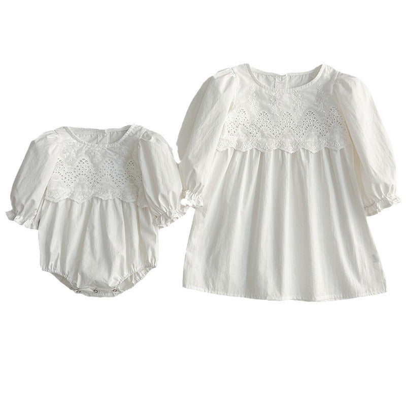 New Spring/Autumn Baby Onesies And Dress For Girls With White Lace Trim – Princess Sister Matching Set-9