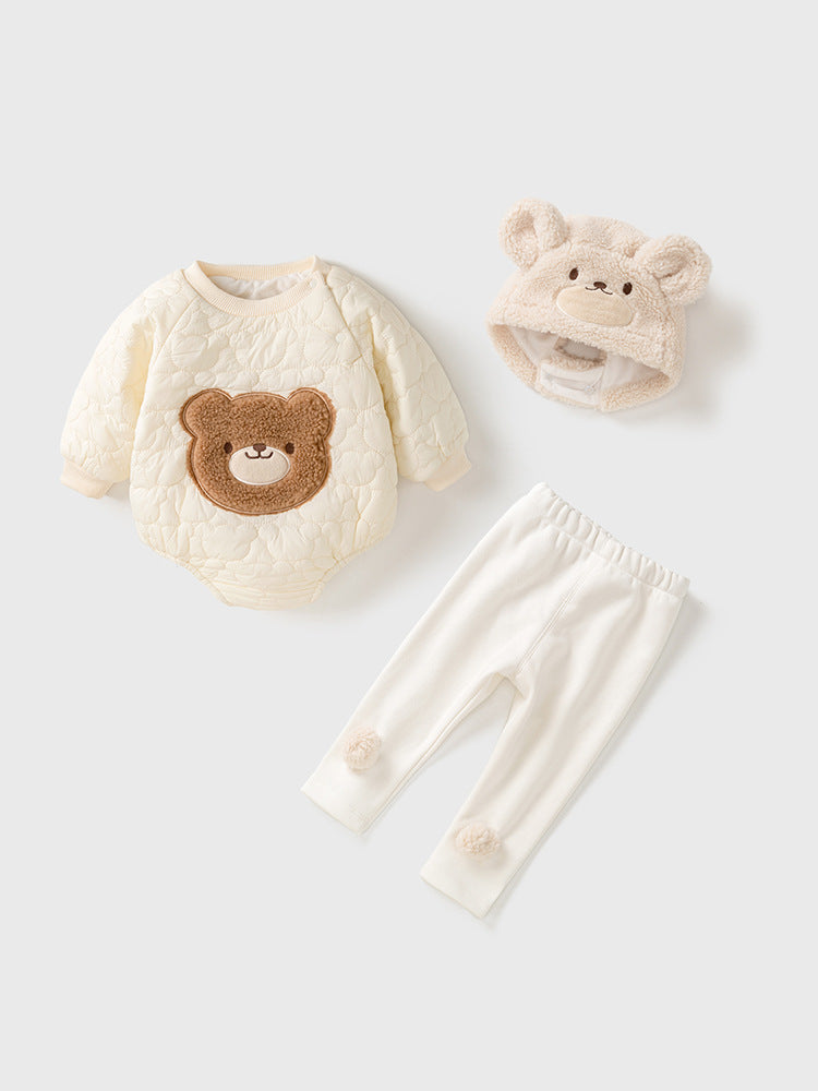 Baby Teddy Bear Cartoon Knitted Onesie With Hat&Fluffy Ball Pants Clothing Set-8