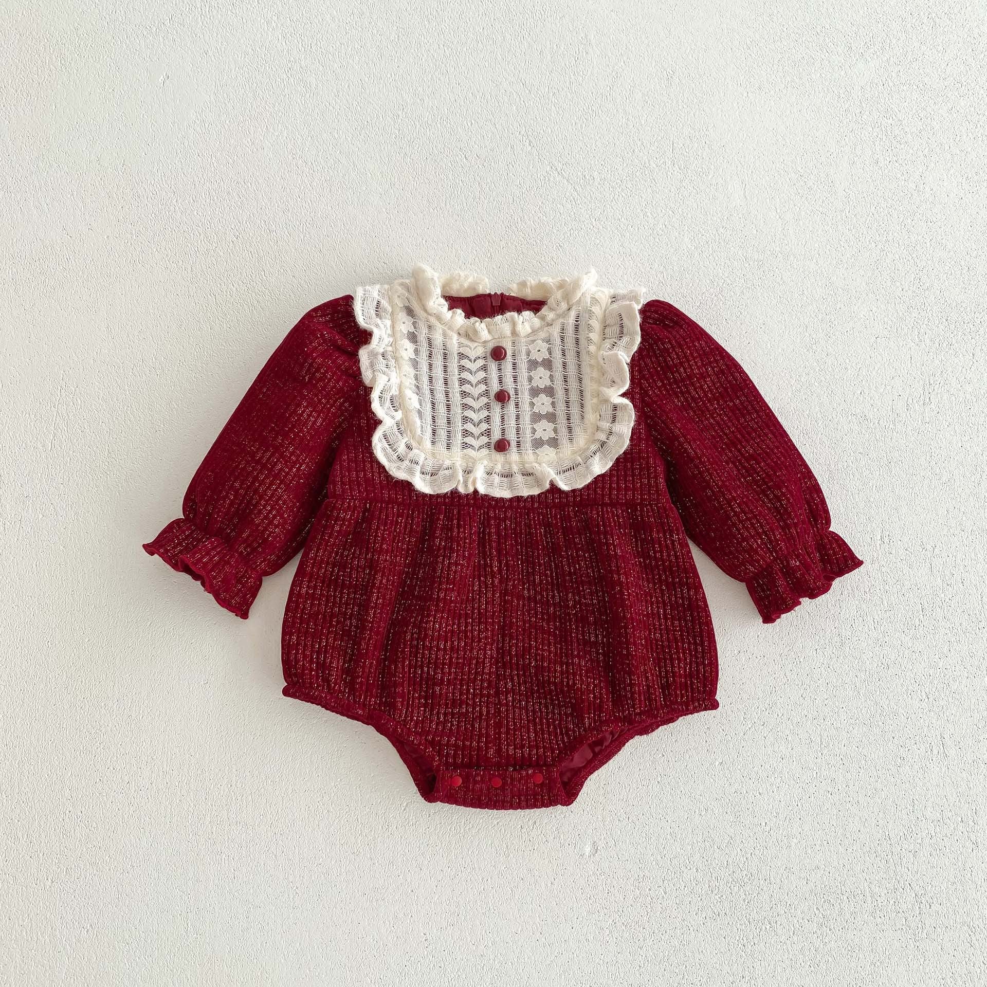 Ins Autumn&Winter Baby Girls Laces Round Collars Long Sleeve One Piece-8