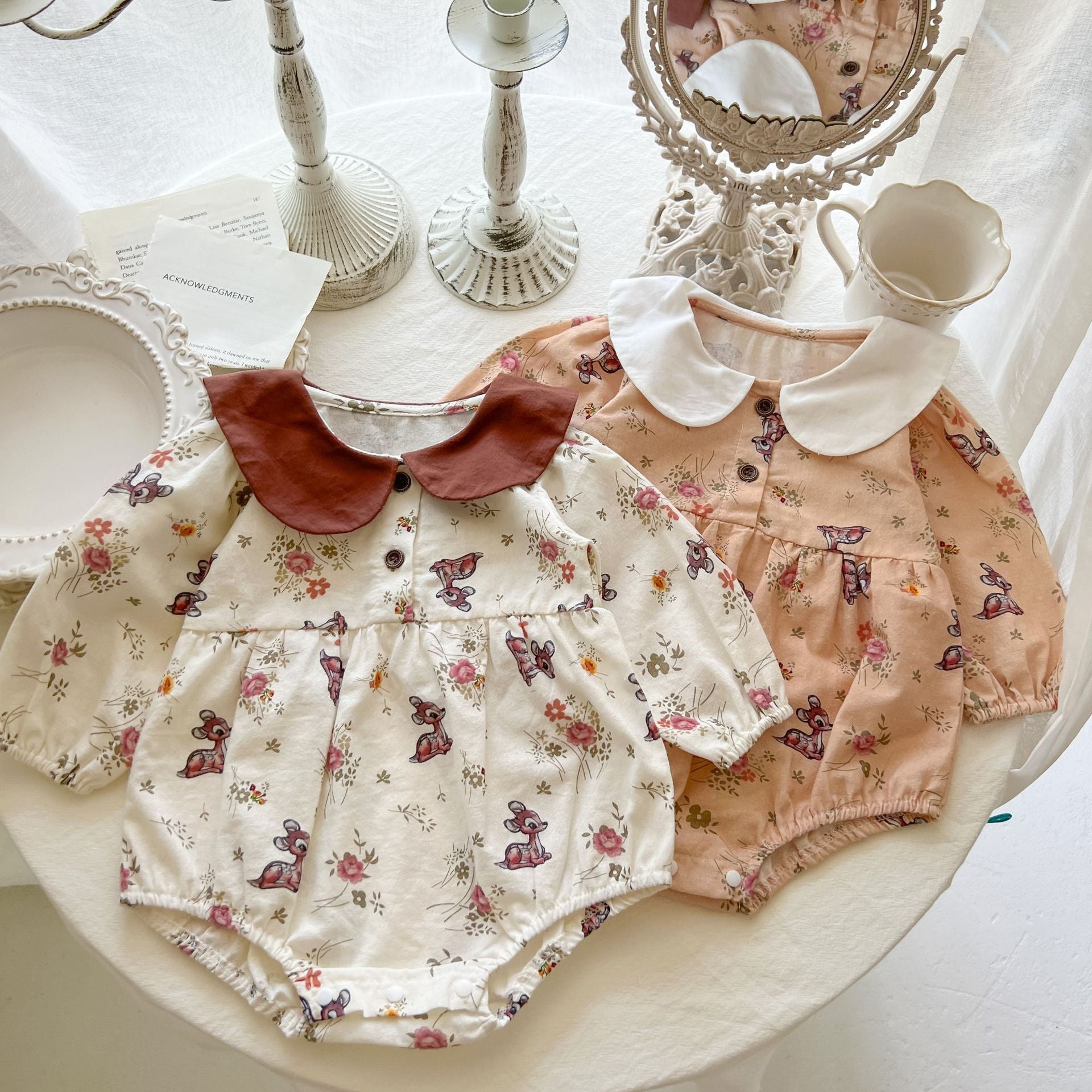 Baby Girl Flower & Deer Pattern Doll Neck Cotton Bodysuit-0