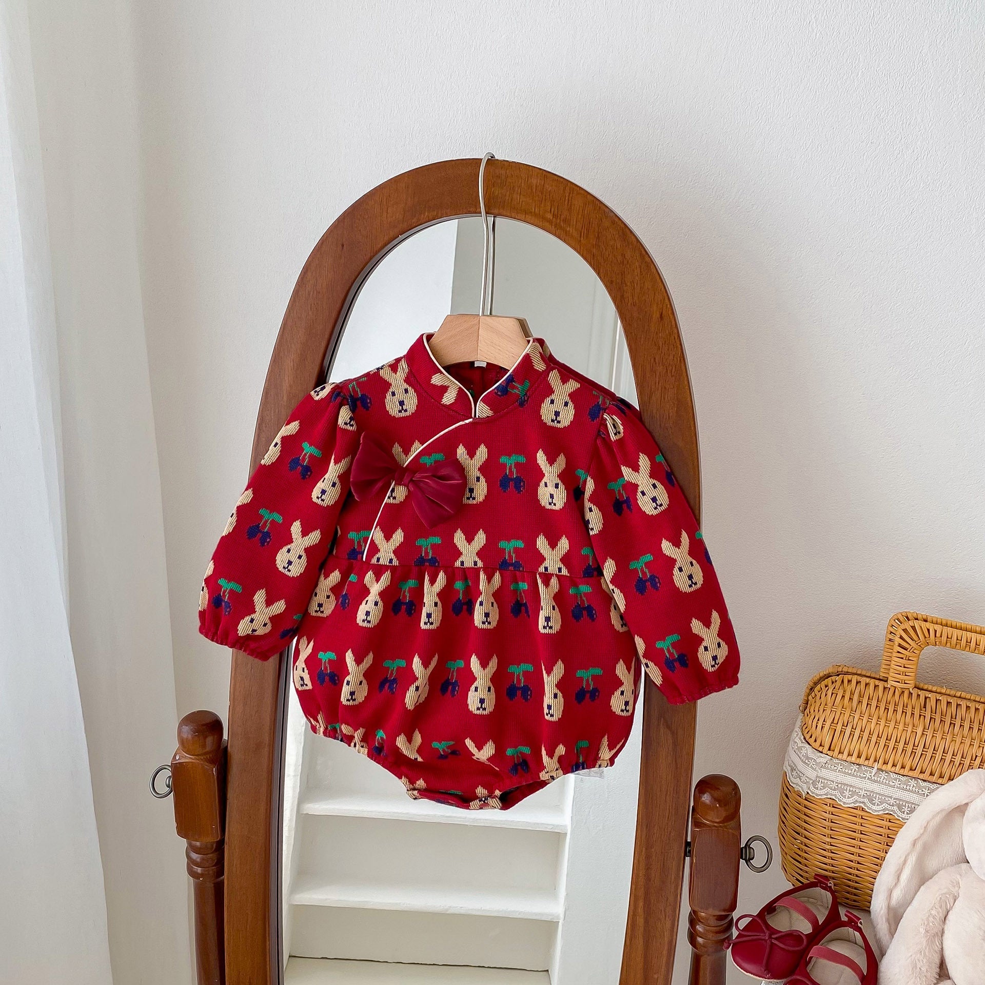 Infant Baby Girls Rabbit&Cherry Around Long Sleeve One Piece-8