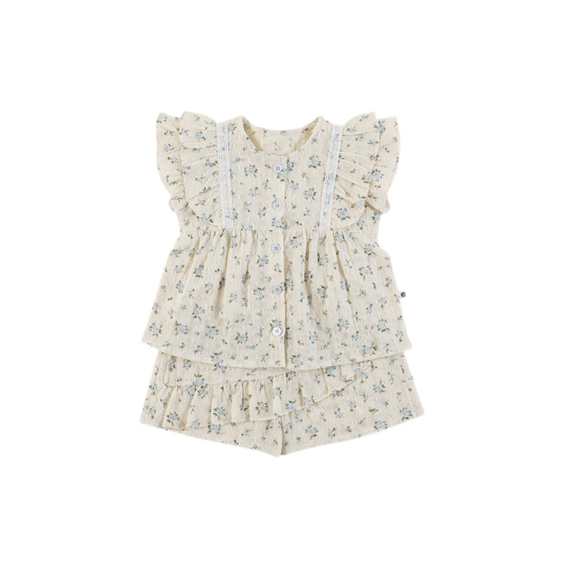 Baby Girl Flower Pattern Flying Sleeves Onesies & Clothing Sets With Headband-9