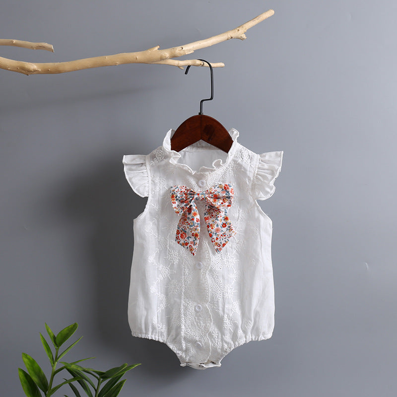 Baby Girl Embroidery Pattern Round Neck Mullet Design Sleeveless Cardigan Onesies With Bow Decorations-8
