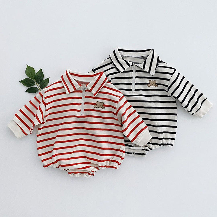 Baby Striped & Cartoon Patched Graphic Polo Neck Long Sleeves Bodysuit Onesies-0