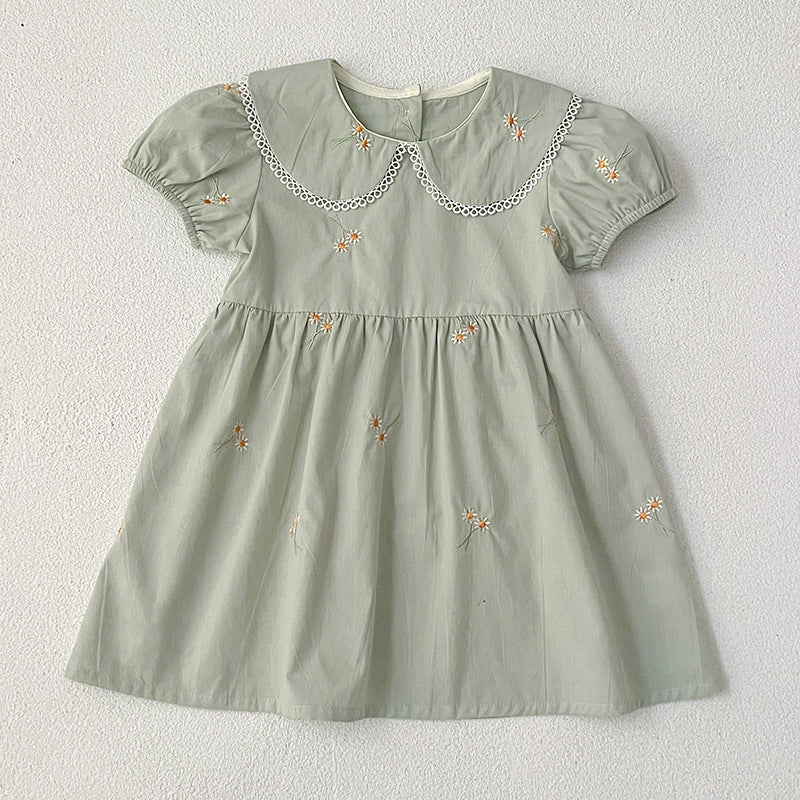 Summer Girls Simple Floral Embroidery Lace Trim Collar Short Sleeves Onesies And Girls’ Dress – Princess Sister Matching Set-8