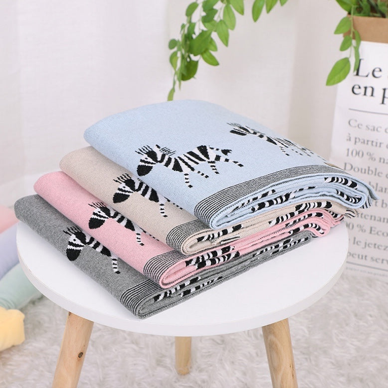 Kids Cartoon Animal Embroidery & Striped Pattern Pure Cotton Blanket-0