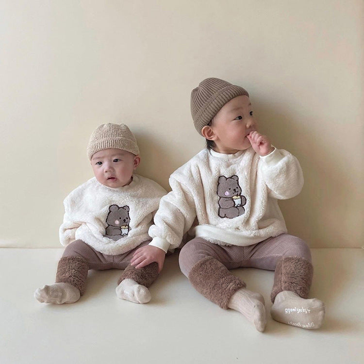 Baby Bear Embroidered Pattern Plush Hoodies Combo Pants Pieces Sets-9