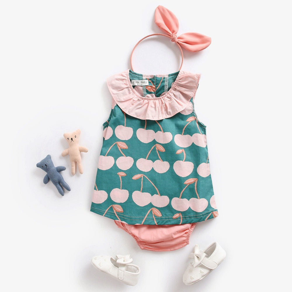 Baby Girl Cherry Print Ruffle Design O-Neck Tops Combo Shorts Sets In Summer-0