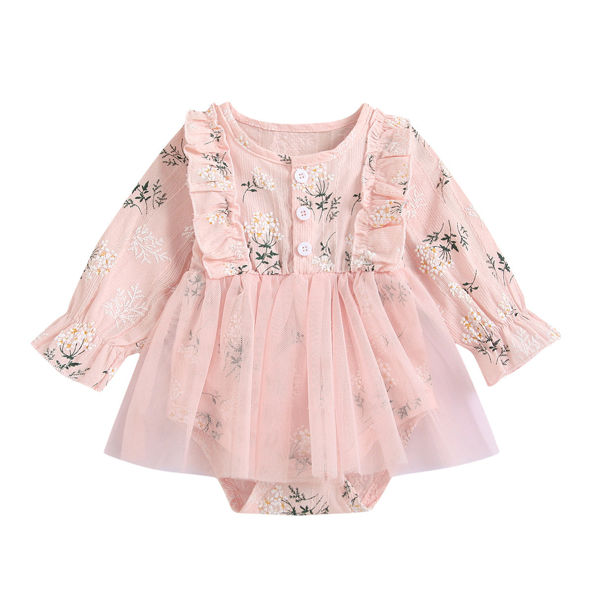 Baby Girl 1pcs Allover Grass Embroidered Graphic Mesh Overlay Dress Longsleeve Onesies-9