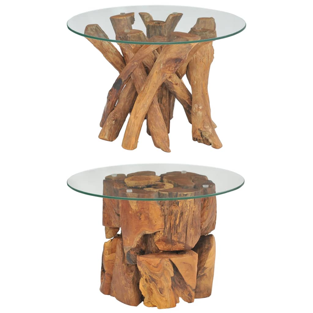 vidaXL Coffee Table Round End Table with Glass Tabletop Solid Teak Driftwood-3