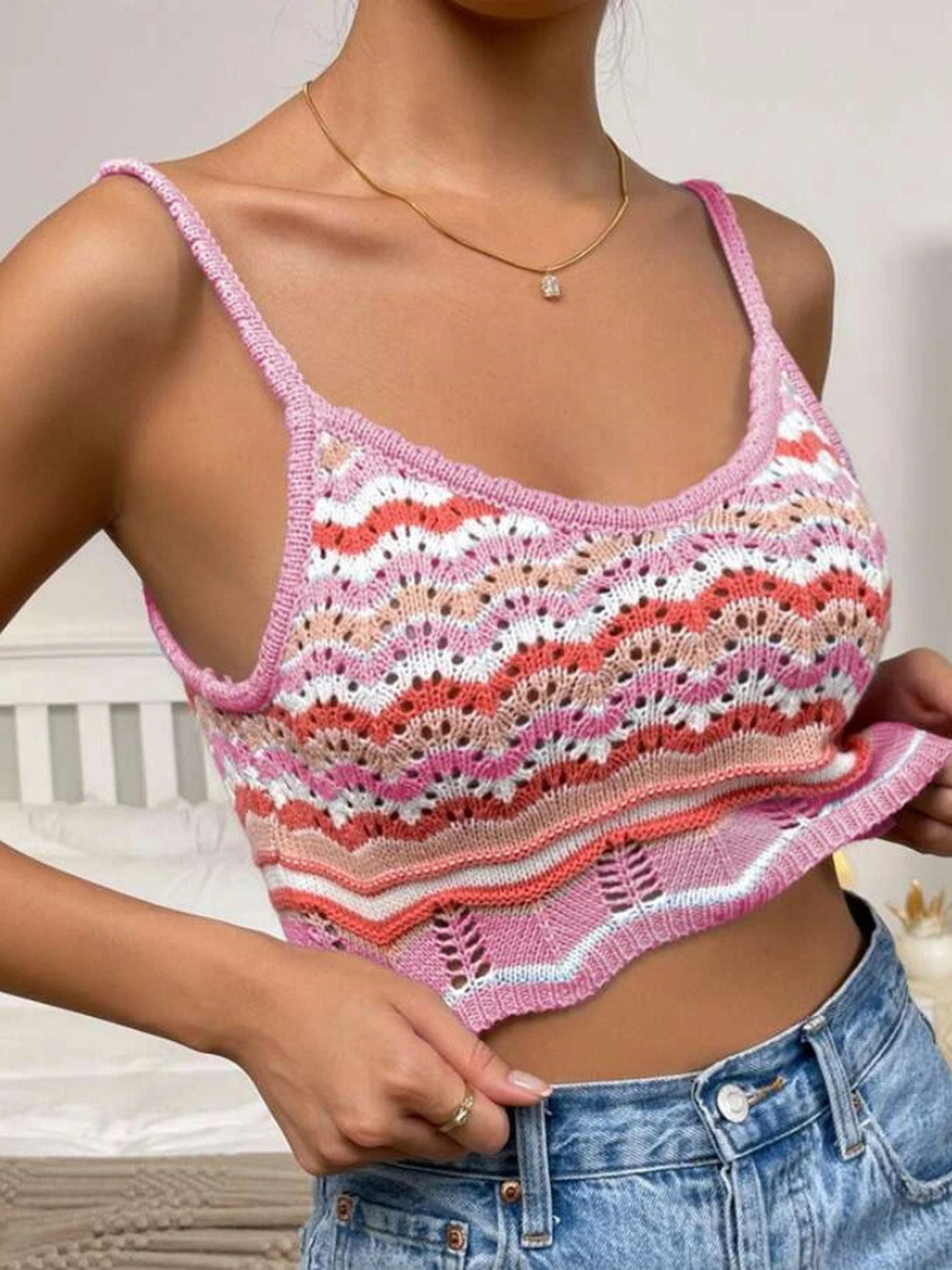 Openwork Striped Scoop Neck Cami