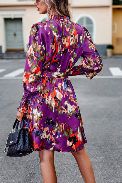 Printed Tie Waist Mock Neck Lantern Sleeve Dress