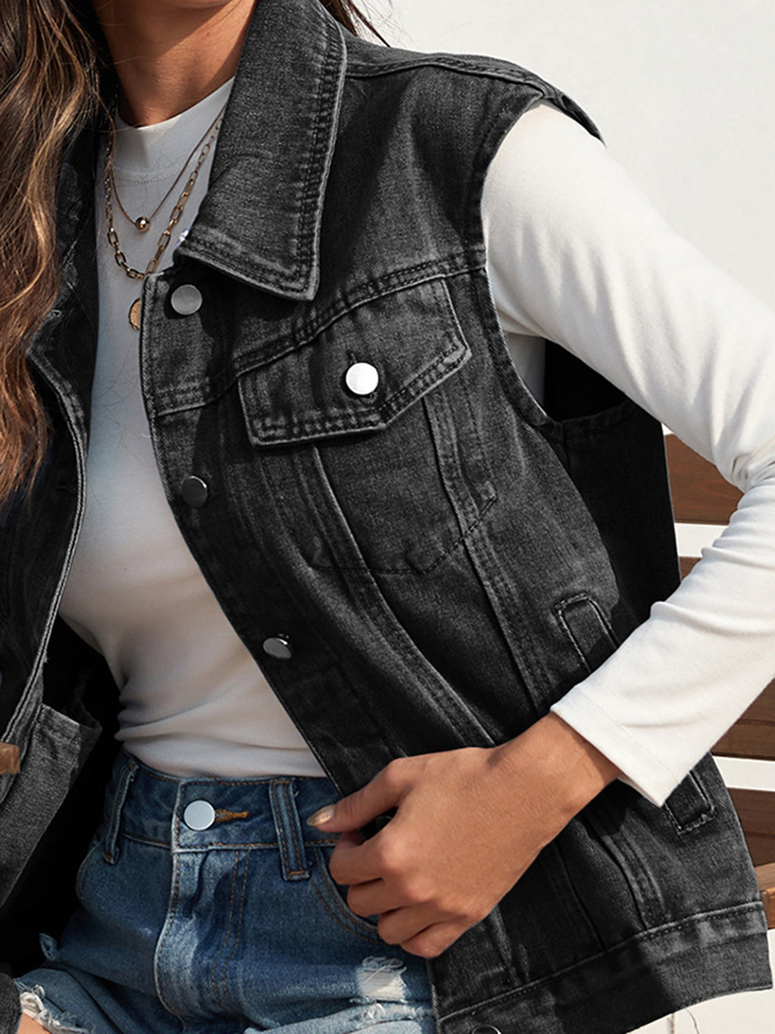 Collared Neck Sleeveless Denim Jacket