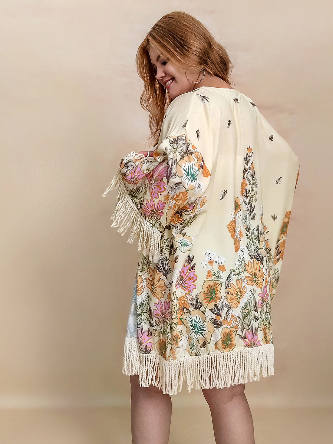 Plus Size Fringe Printed Open Front Cardigan