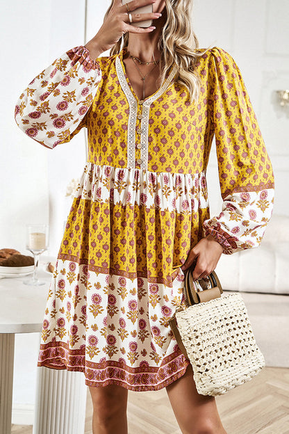 Printed V-Neck Long Sleeve Dress