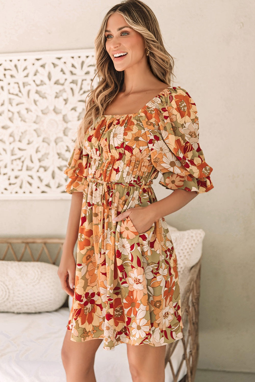 Floral Square Neck Mini Dress