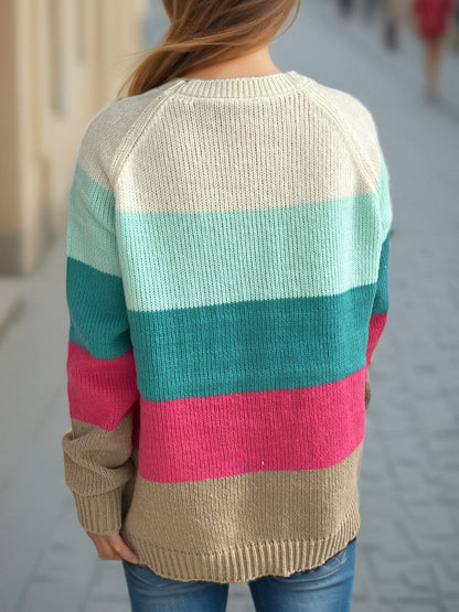 Color Block Round Neck Long Sleeve Sweater