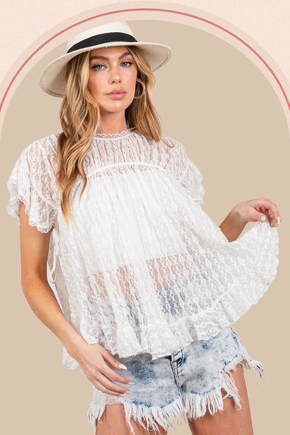 SAGE + FIG Round Neck Short Sleeve Lace Blouse