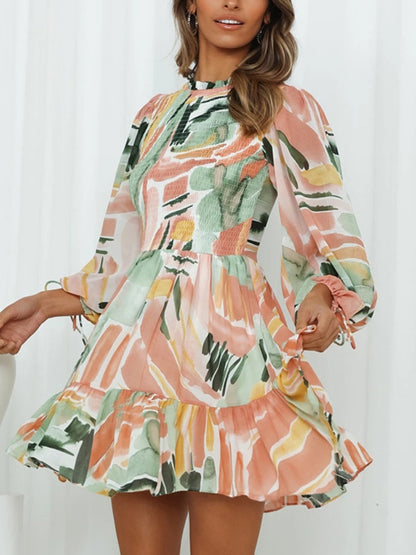 Printed Mock Neck Balloon Sleeve Mini Dress