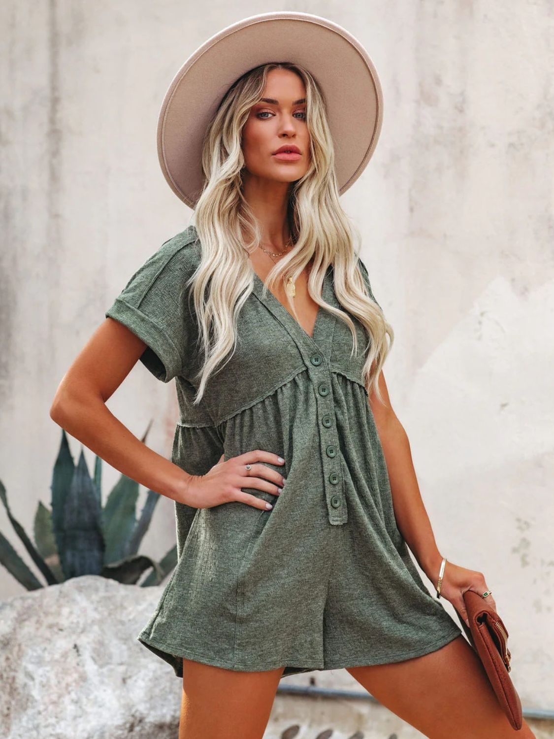 Exposed Seam V-Neck Short Sleeve Romper