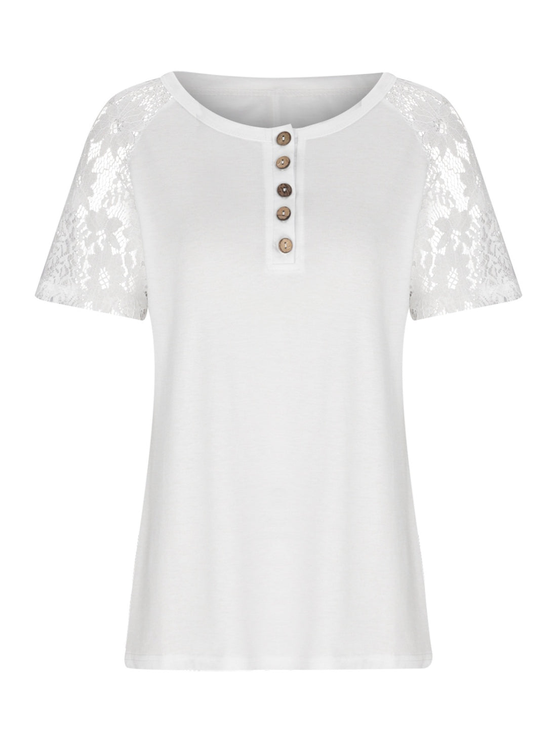 Lace Detail Half Button Short Sleeve T-Shirt