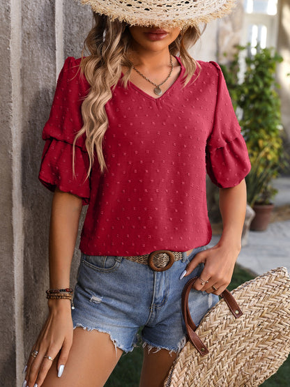 Swiss Dot V-Neck Short Sleeve Blouse