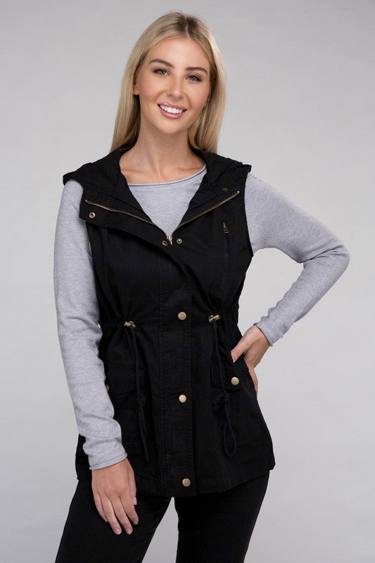 Drawstring Waist Military Hoodie Vest