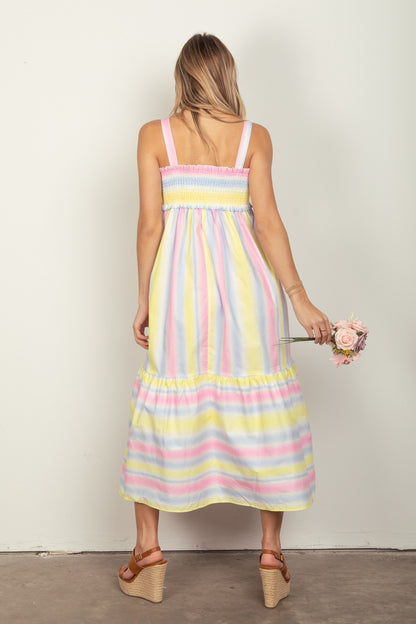 VERY J Striped Woven Smocked Midi Cami Dress