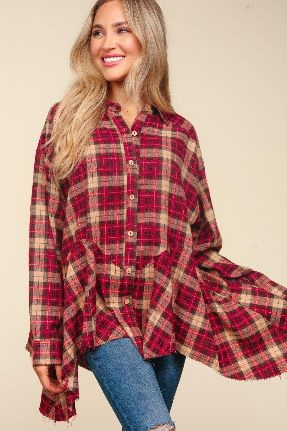 Haptics Plaid Button Down Sharkbite Shirt