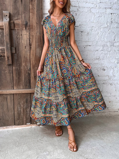 Smocked Printed Cap Sleeve Midi Dress