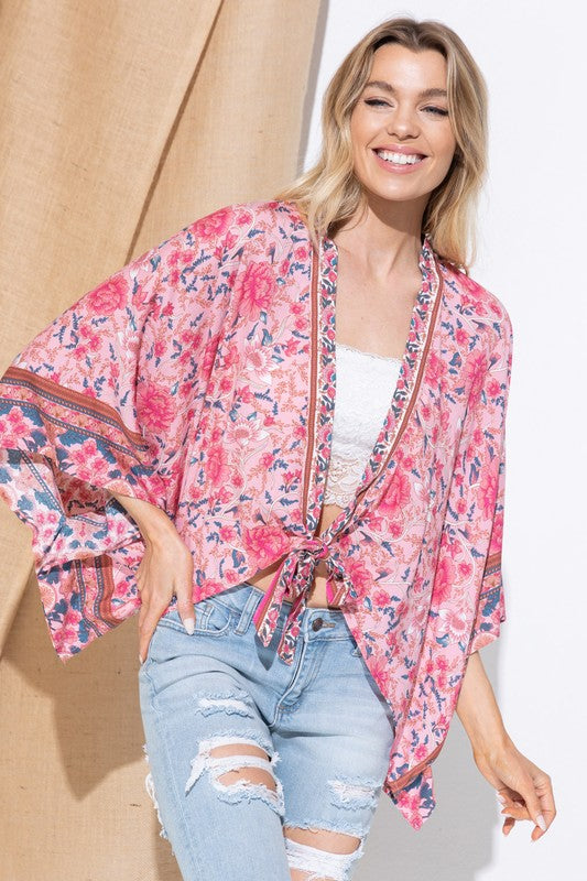 LIGHT WOVEN SQUARED OPEN KIMONO CARDIGAN WITH TIE