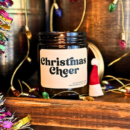 Christmas Cheer Candle, Groovy Christmas Collection, Christmas Scented Candle, Christmas Gifts, Holiday Decor, 100% Soy Wax 9 oz Candle, 50 Hour Burn Time, Recyclable Amber Glass Jar, Made in the USA