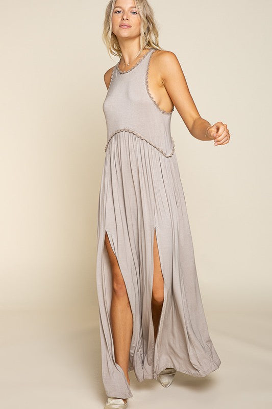 Stone Washed Side Slit Cut Out Maxi Dress