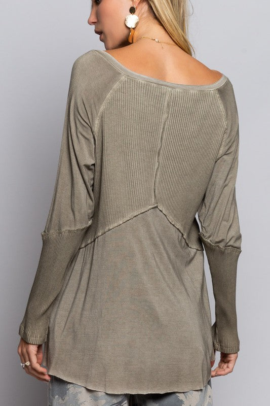 Light Wash Rib Textured Long Sleeve Top