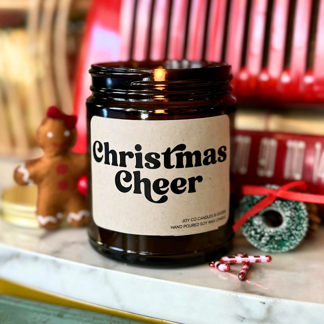 Christmas Cheer Candle, Groovy Christmas Collection, Christmas Scented Candle, Christmas Gifts, Holiday Decor, 100% Soy Wax 9 oz Candle, 50 Hour Burn Time, Recyclable Amber Glass Jar, Made in the USA