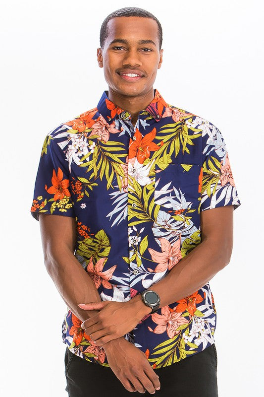 Weiv Mens Print Hawaiian Button Down Shirt