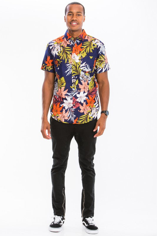 Weiv Mens Print Hawaiian Button Down Shirt