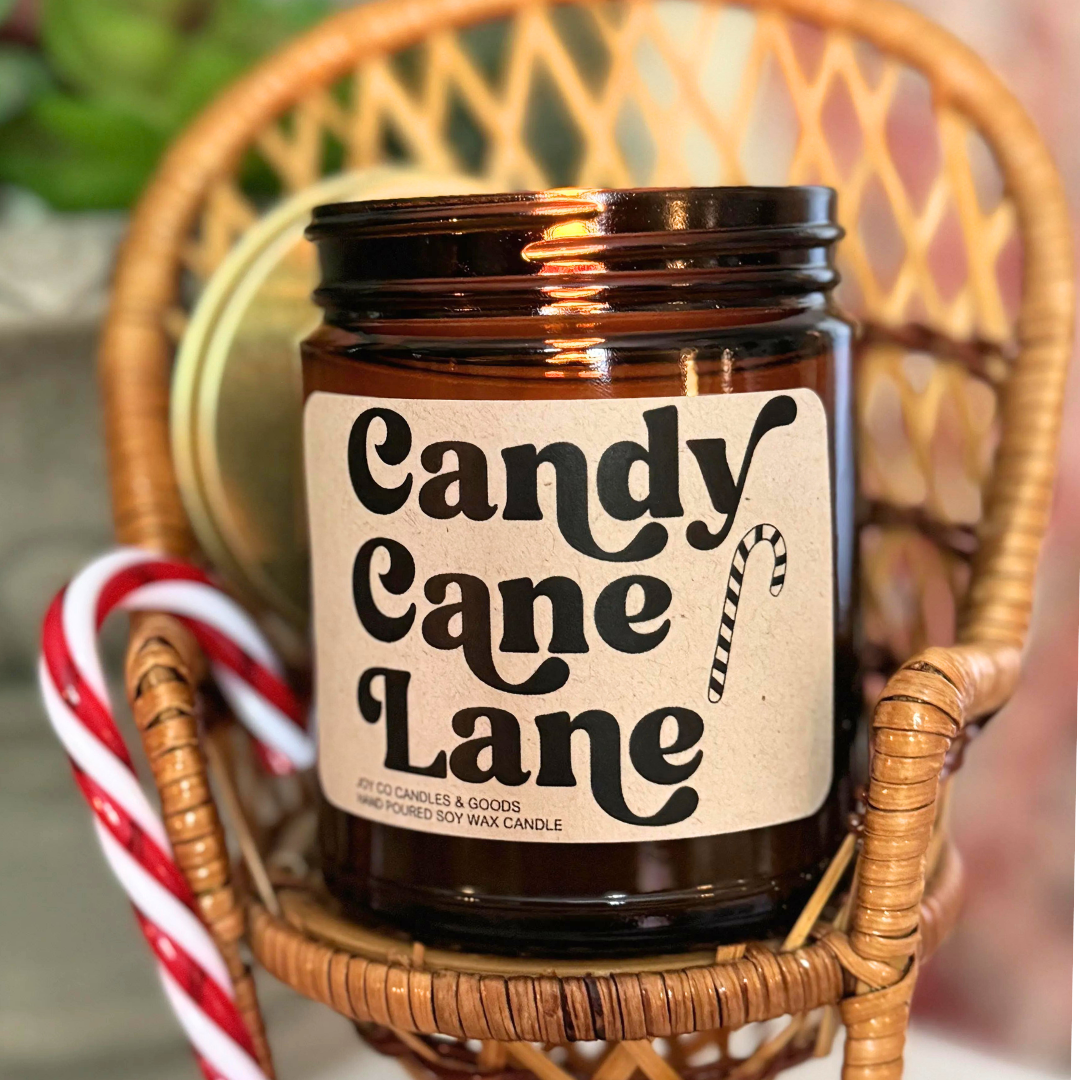 Candy Cane Lane Candle, Groovy Christmas Collection, Peppermint Scented Candle, Christmas Gifts, Holiday Decor, 100% Soy Wax 9 oz Candle, 50 Hour Burn Time, Recyclable Amber Glass Jar, Made in the USA