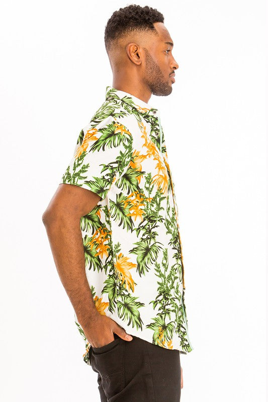 Weiv Mens Print Hawaiian Button Down Shirt